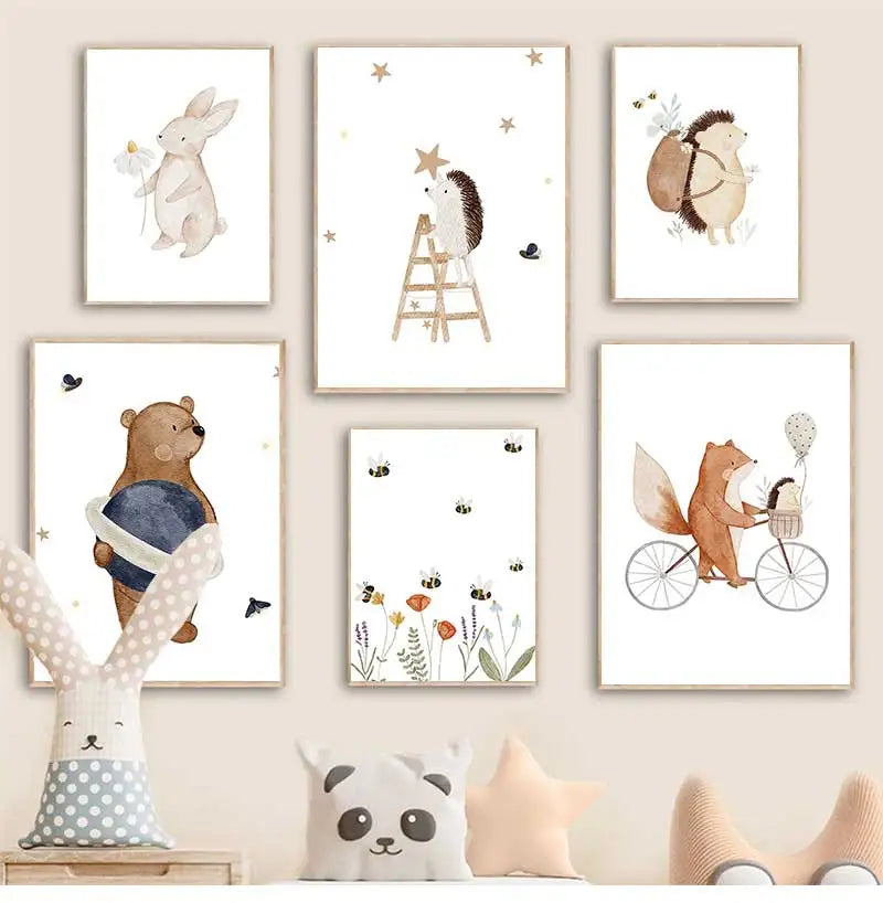 Boho Cartoon Canvas Painting, Fox, Rabbit, Bee, Bear, Hedgehog, Flower Posters, Art Prints, Wall Photos, Baby, Kids Room Boho Cartoon Canvas Painting, Fox, Rabbit, Bee, Bear, Hedgehog, Flower Posters, Art Prints, Wall Photos, Baby, Kids Room